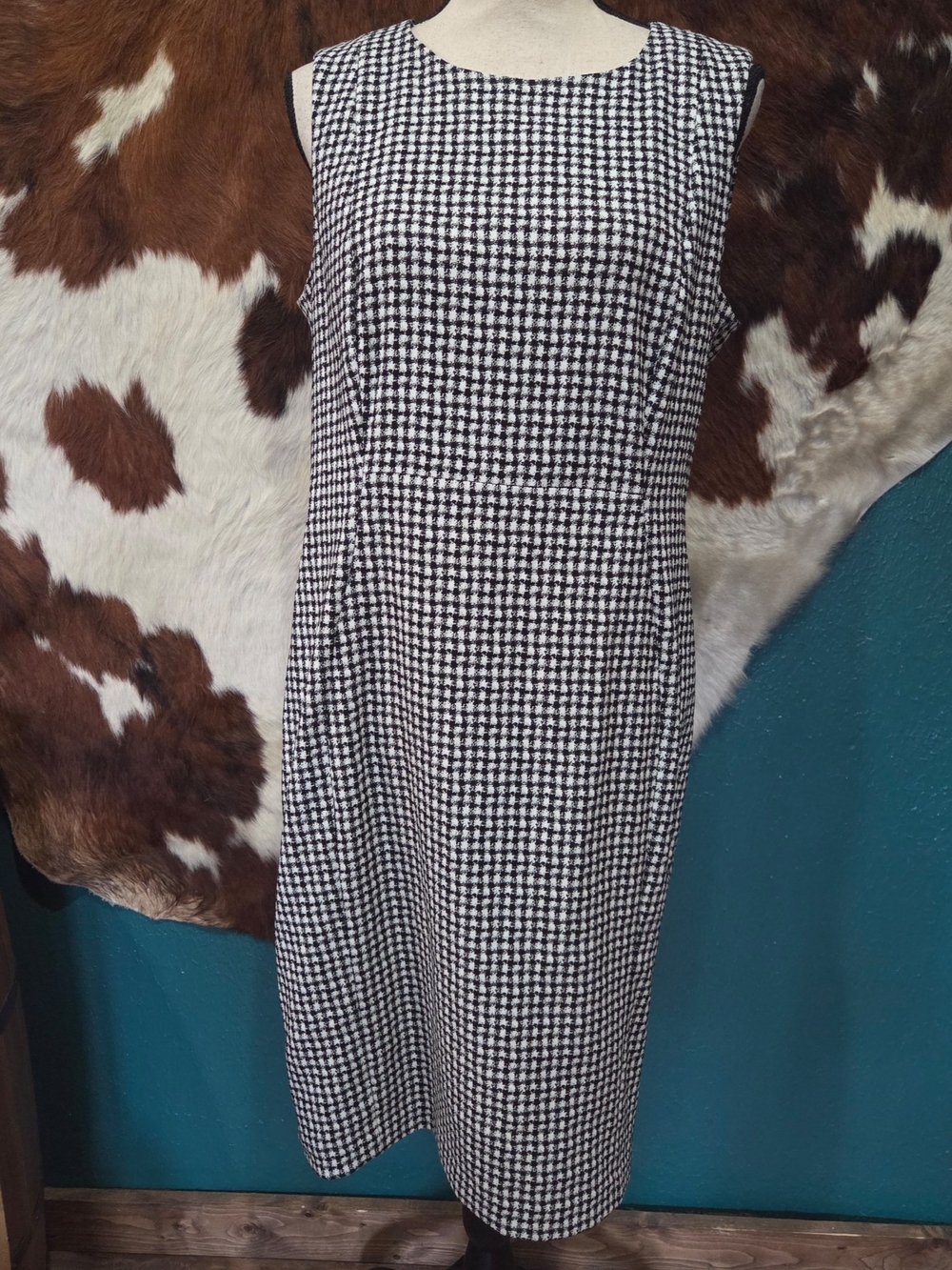 Calvin Klein Black and White Houndstooth Midi Sheath Dress